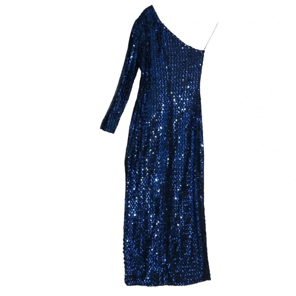 vtg CLIMAX by David Howard sz 13/14 (M/L) Sequin One Shoulder Sequin Dress Blue